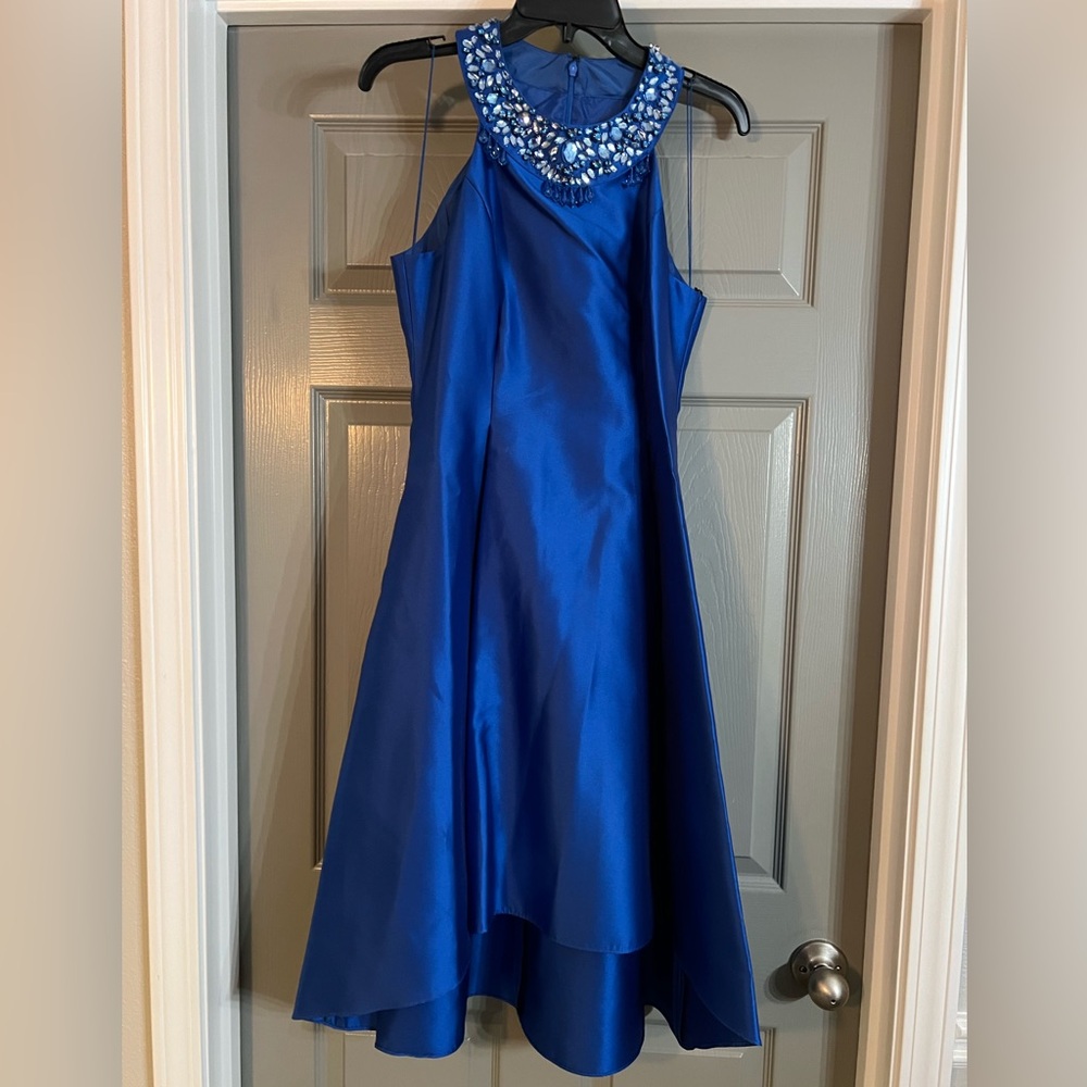 Blue Satin Dress with Embellished Neckline